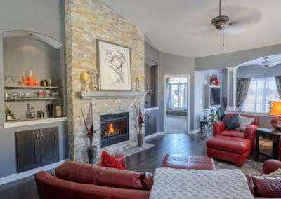 Living room with fireplace, flooring