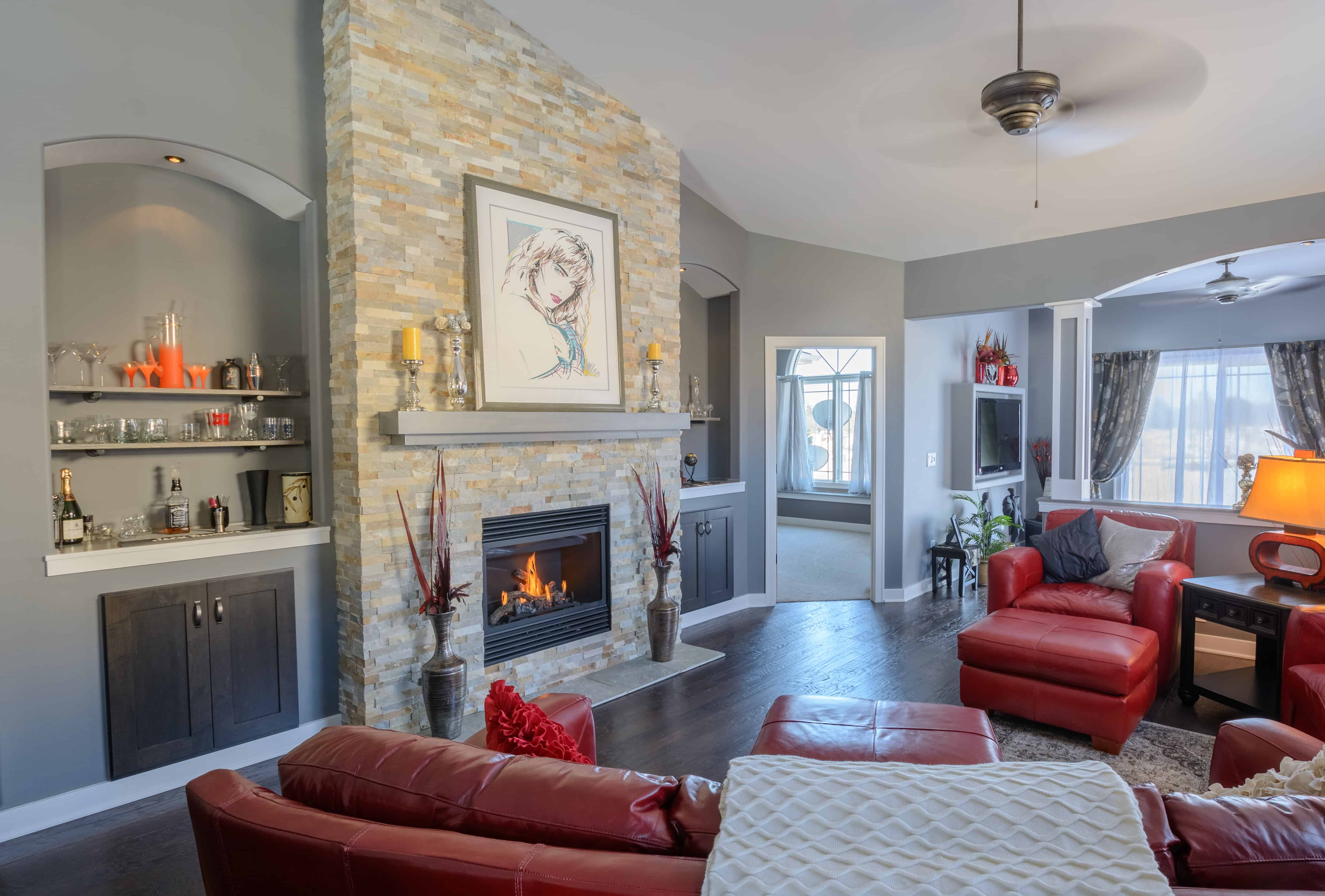 Living room with fireplace, flooring